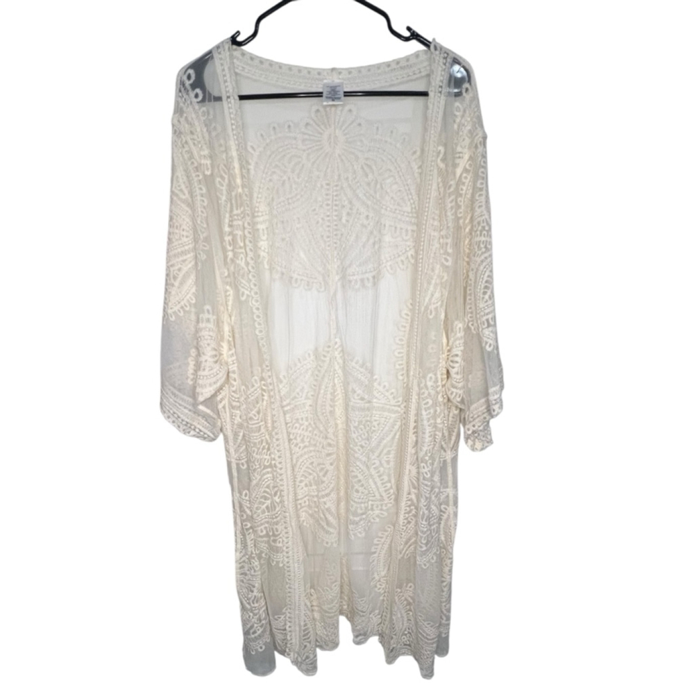 Unbranded Cream Boho Floral Short Sleeve Open Front Lace Cardigan Duster